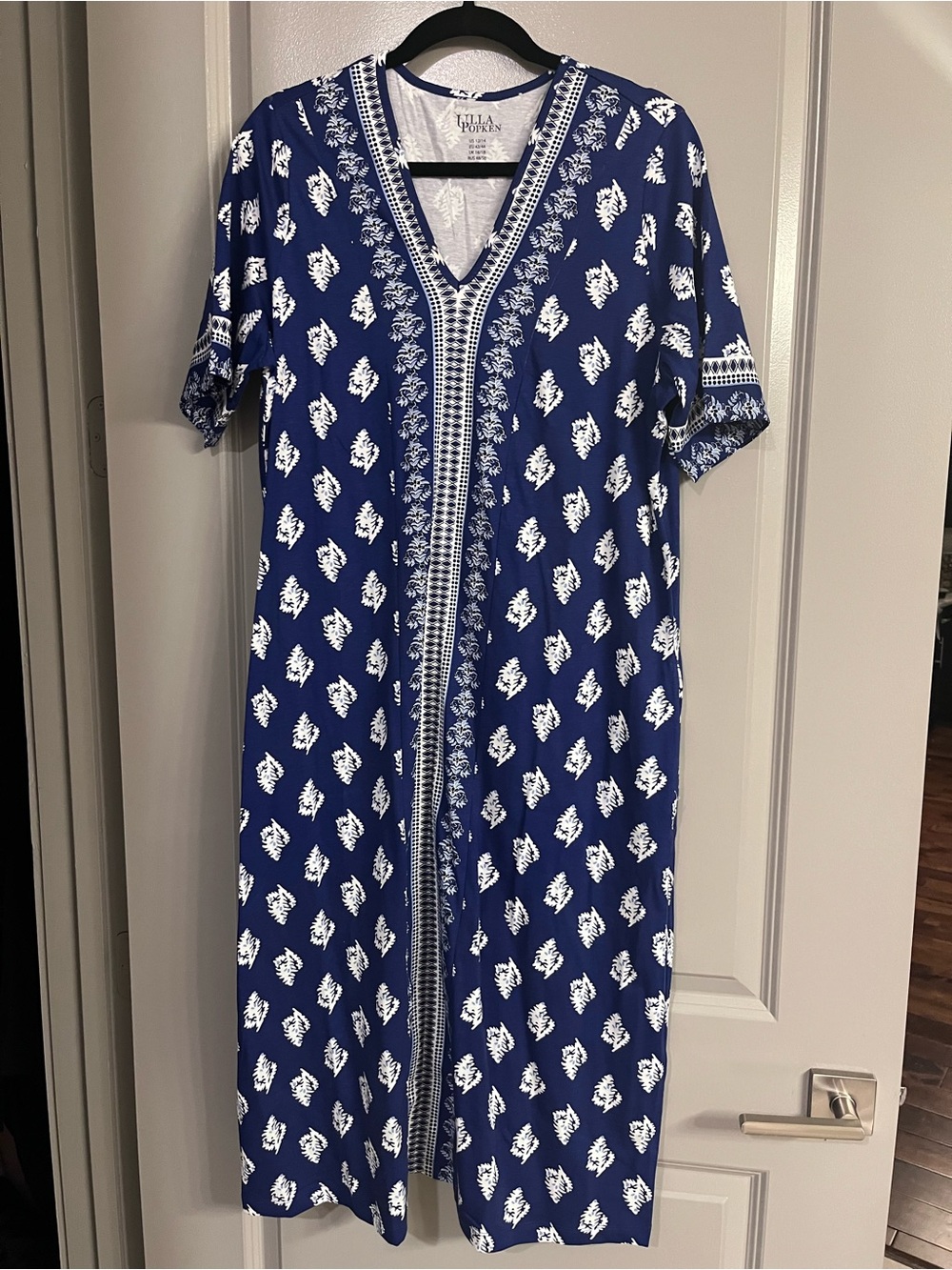 Ulla Popken Royal Blue & White Printed V-Neck Midi Dress